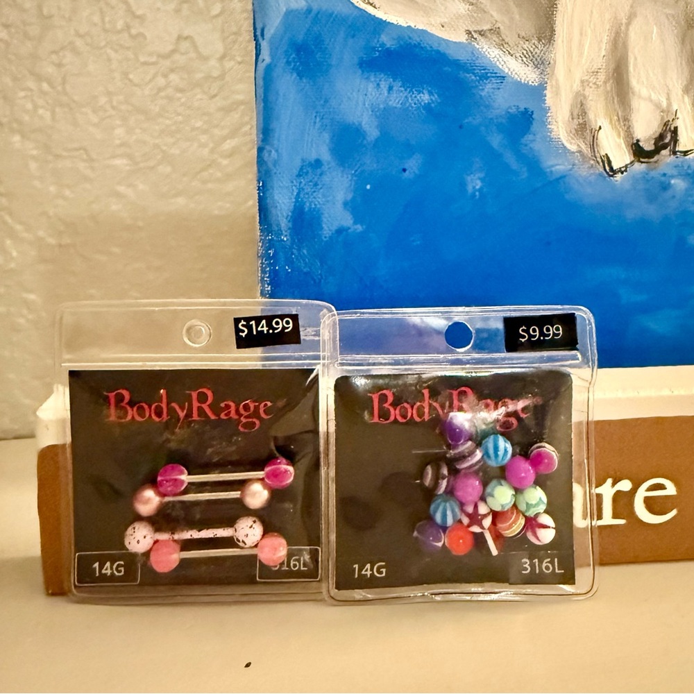 NEW Spencer's 5pk tongue bars & 8 pairs of balls; 316L surgical steel; 14 gauge